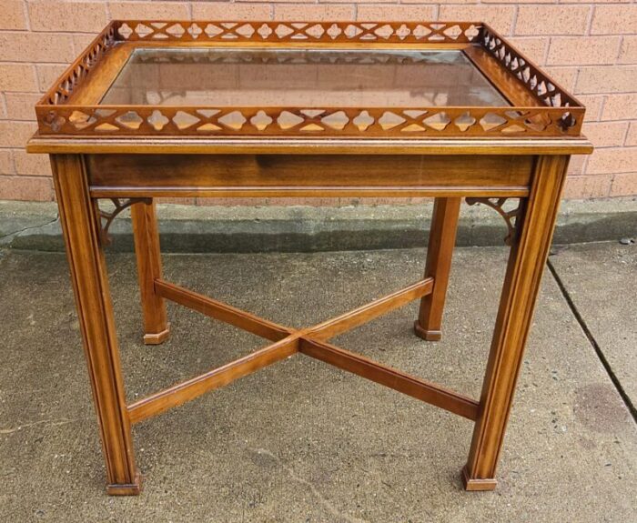 george iii style mahogany galleried and glass top inset tea table silver table 4844