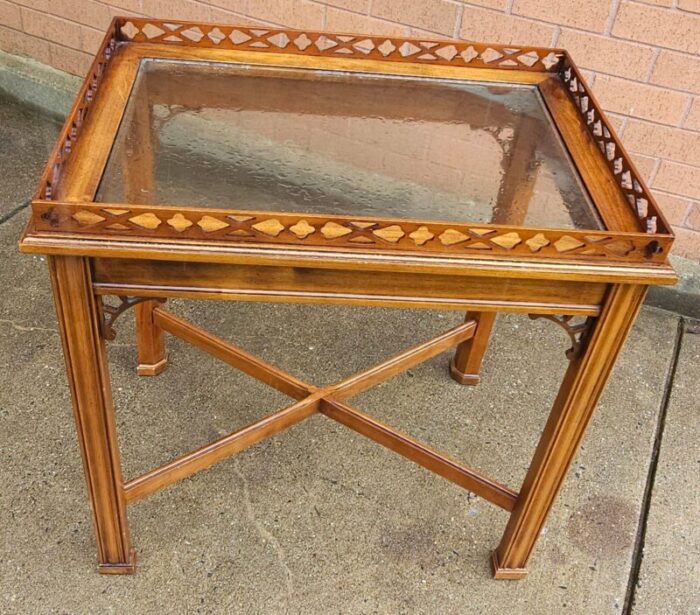 george iii style mahogany galleried and glass top inset tea table silver table 5550