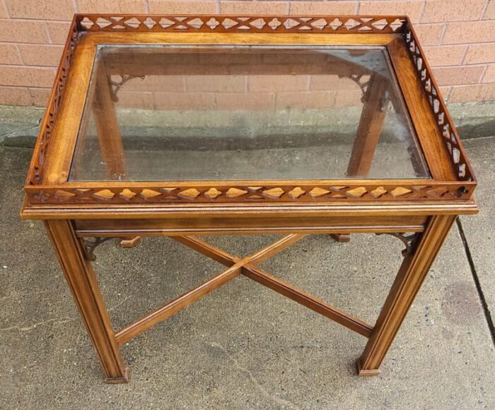 george iii style mahogany galleried and glass top inset tea table silver table 8263