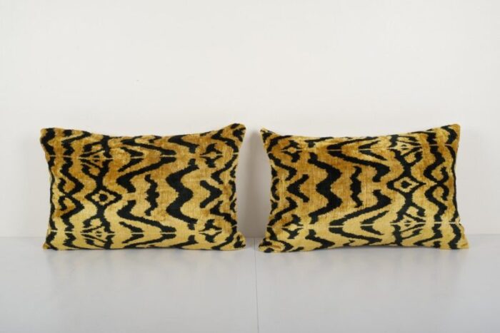 gold velvet and silk ikat tiger cushion covers 2010s set of 2 1