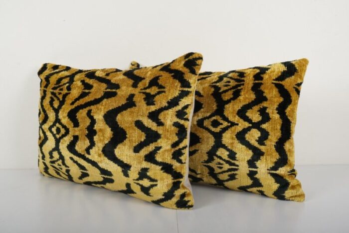 gold velvet and silk ikat tiger cushion covers 2010s set of 2 2