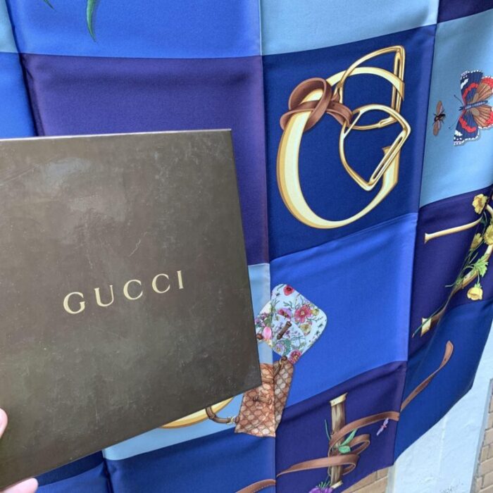 gucci blue checked bamboo bags floral stirrups silk scarf 4245