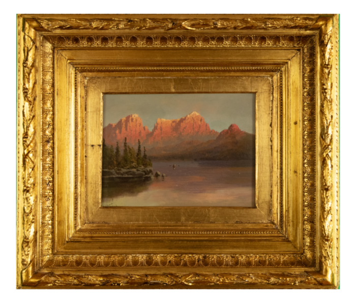 gustav landgrebe alpine lake landscape at sunset 1800s oil on wood framed 4973