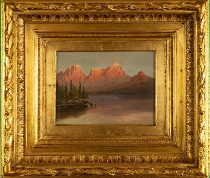 gustav landgrebe alpine lake landscape at sunset 1800s oil on wood framed 9337