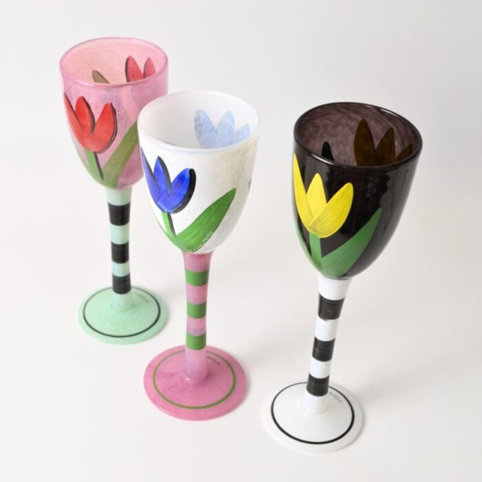 hand painted wine glasses by ulrica hydman vallien for kosta boda 1990s set of 3 3272