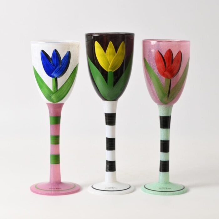 hand painted wine glasses by ulrica hydman vallien for kosta boda 1990s set of 3 3505