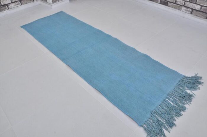 handmade blue decorative hemp runner rug 1960s 0063