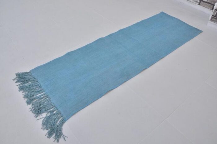 handmade blue decorative hemp runner rug 1960s 6771