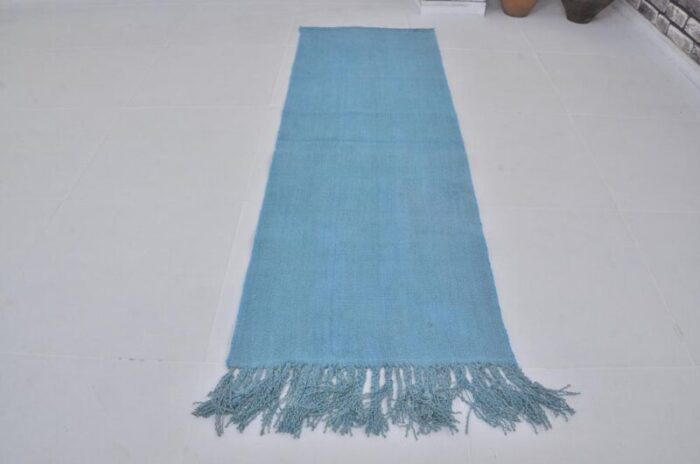 handmade blue decorative hemp runner rug 1960s 7706