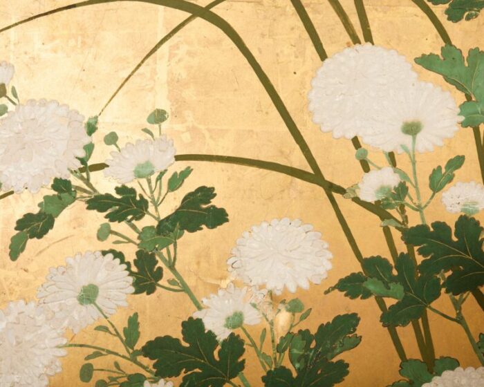 japanese edo four panel screen flowering white chrysanthemums 3619