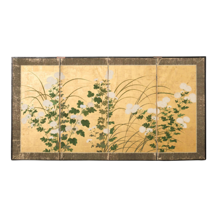 japanese edo four panel screen flowering white chrysanthemums 7558