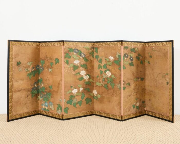 japanese edo six panel screen flowering morning glory 0200