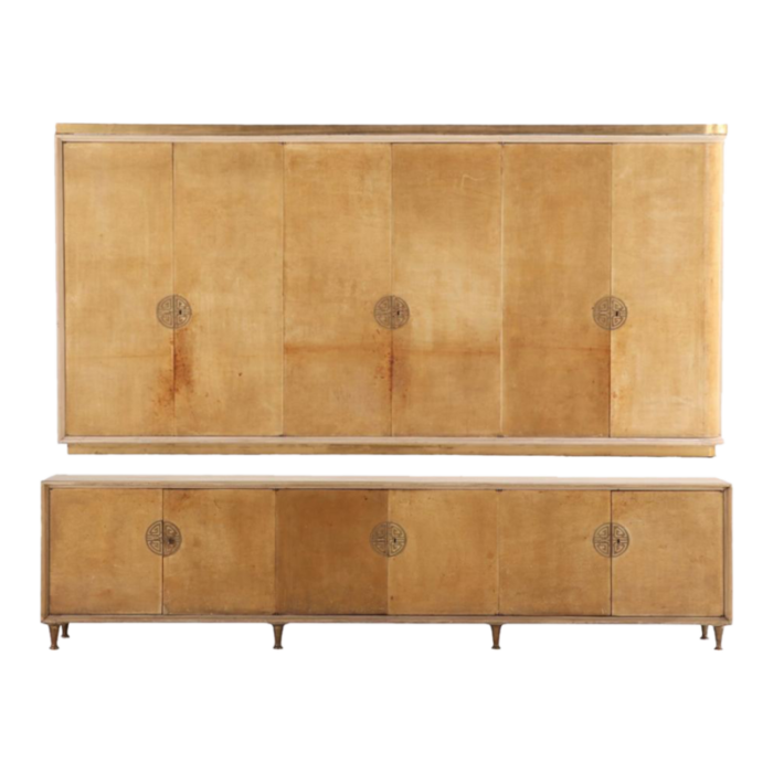 large and rare two piece wood and parchment cabinet c 1950 in the manner of james mont 3739