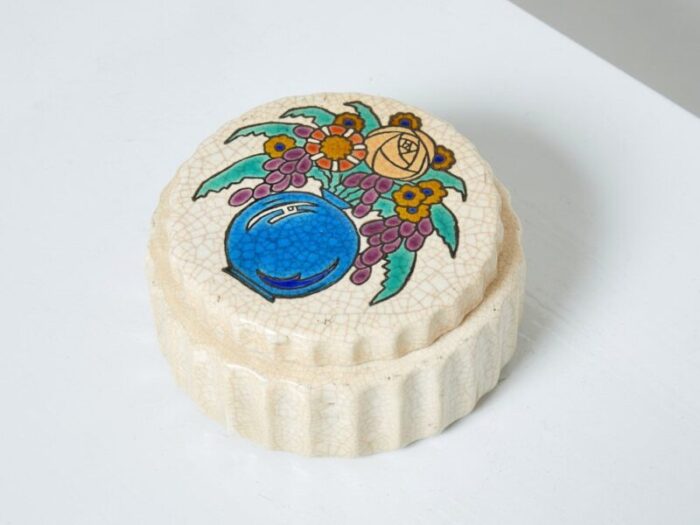 large art deco round flowers cream box from emaux de longwy 1930s 4