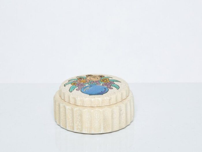 large art deco round flowers cream box from emaux de longwy 1930s 5