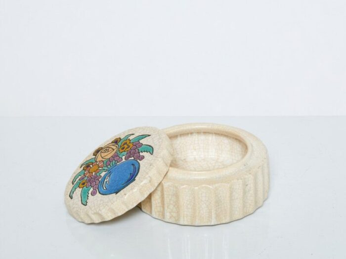 large art deco round flowers cream box from emaux de longwy 1930s 9