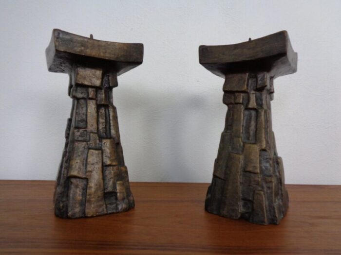 large brutalist bronze candleholder 1960s set of 2 1