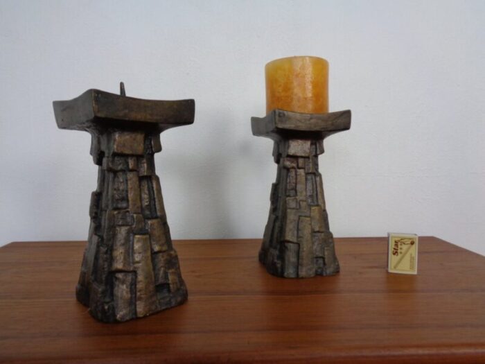 large brutalist bronze candleholder 1960s set of 2 11