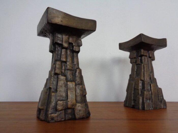 large brutalist bronze candleholder 1960s set of 2 2