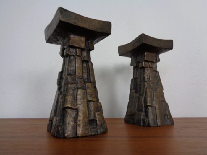 large brutalist bronze candleholder 1960s set of 2 3