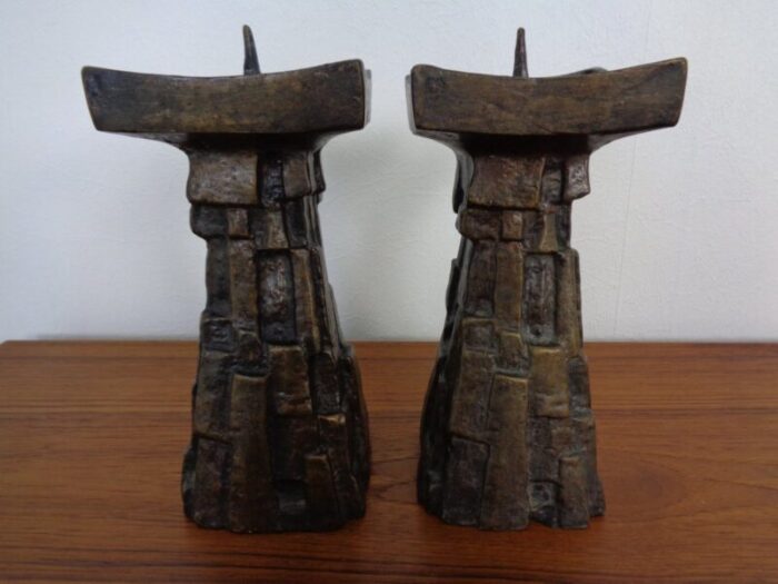 large brutalist bronze candleholder 1960s set of 2 5