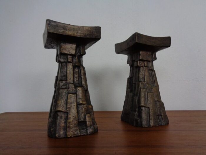 large brutalist bronze candleholder 1960s set of 2 6