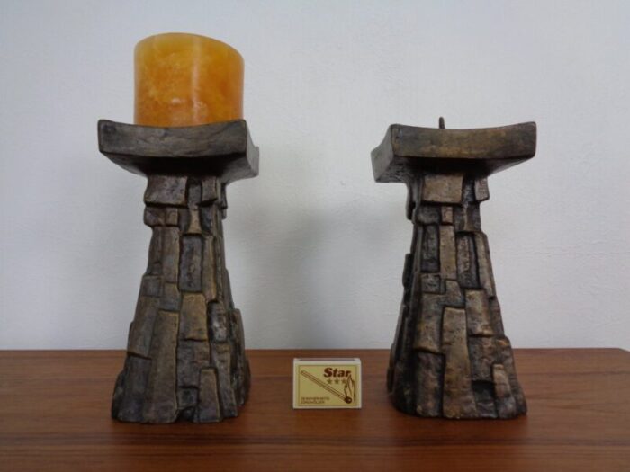 large brutalist bronze candleholder 1960s set of 2 9