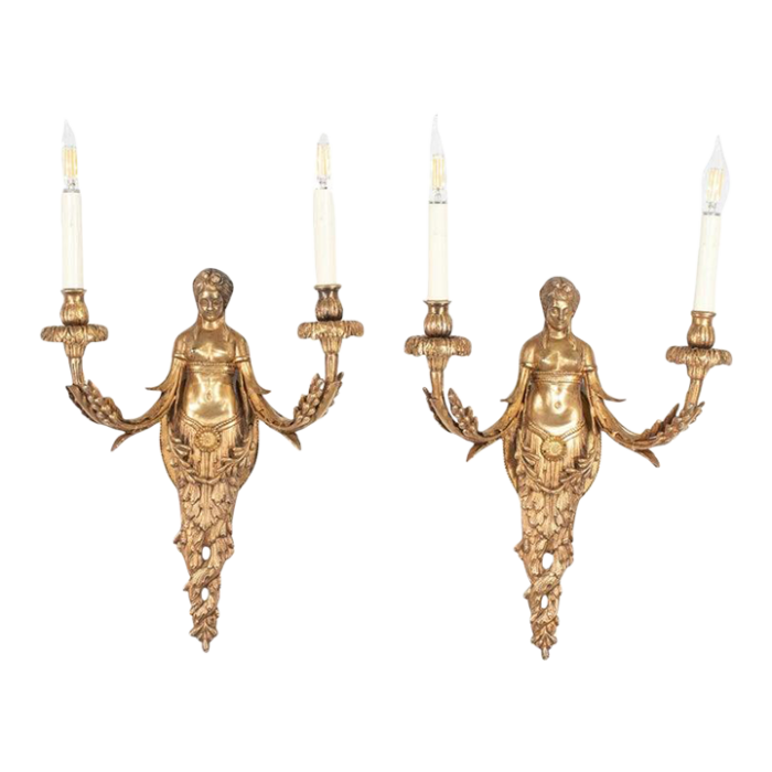 large pair of 19th century french empire style gilt bronze sconces featuring caryatids of acantha 3087