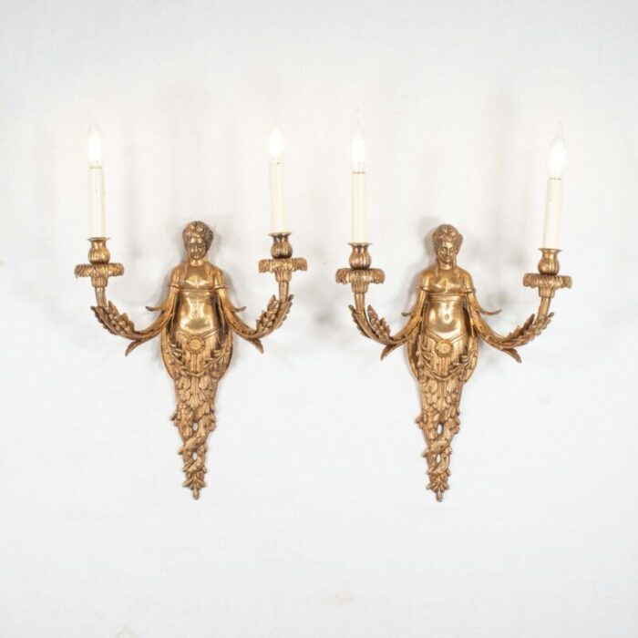 large pair of 19th century french empire style gilt bronze sconces featuring caryatids of acantha 7362