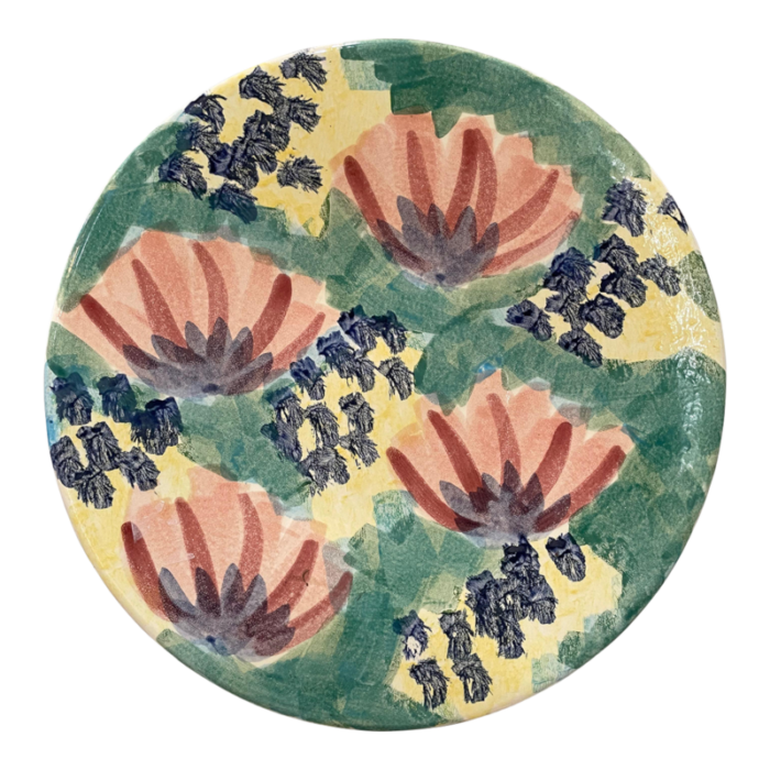 large vintage handpainted round platter with abstract flowers 6148