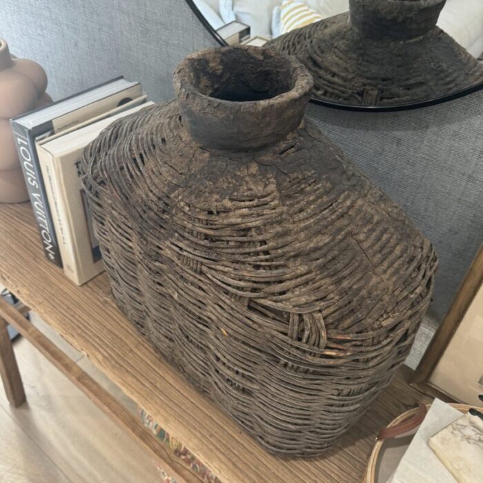 late 19th century woven willow oil container 0889