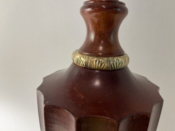 late 20th century bombay concord wood and brass lamp 3449