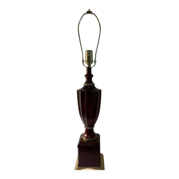 late 20th century bombay concord wood and brass lamp 9454