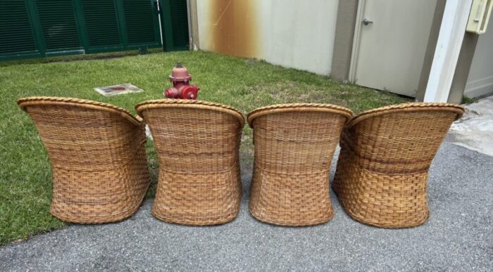 late 20th century coastal wicker braided rattan lounge chairs set of 4 0276