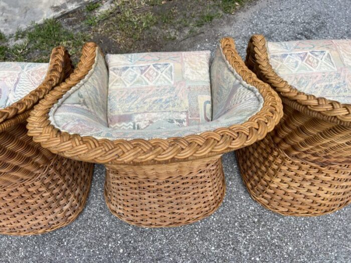 late 20th century coastal wicker braided rattan lounge chairs set of 4 1957