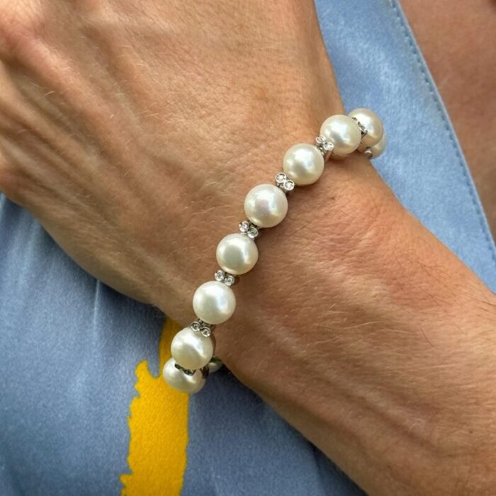 late 20th century diamond fresh water cultured pearl 14 karat white gold bracelet 6956