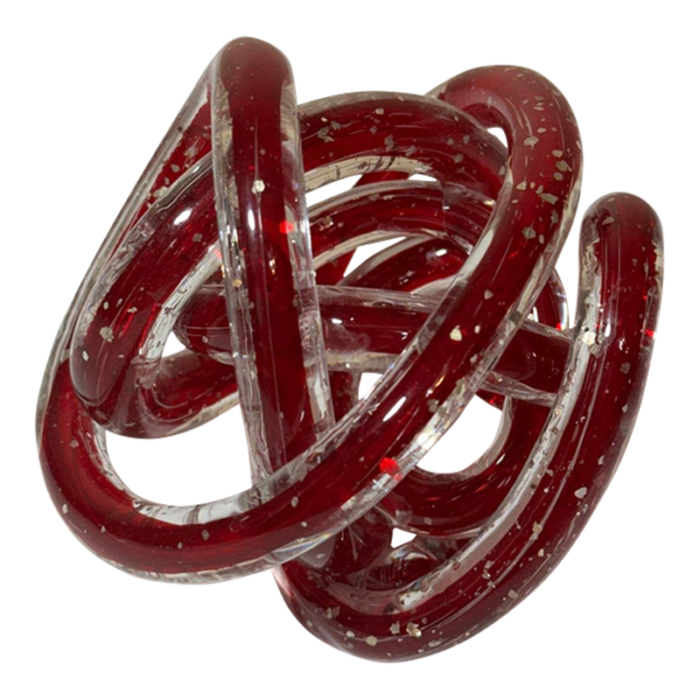 late 20th century red art glass twisted knot orbit ball aventurine metallic gold flecks 0517