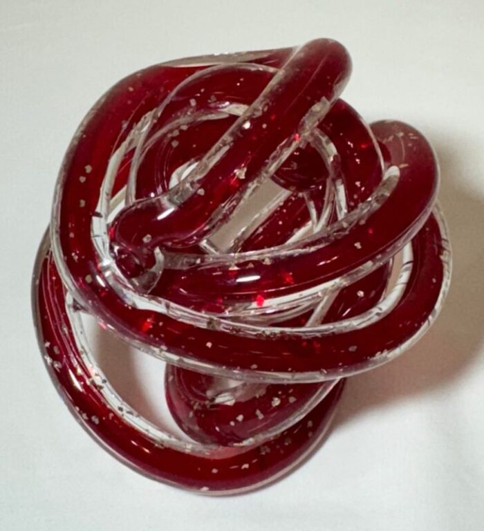 late 20th century red art glass twisted knot orbit ball aventurine metallic gold flecks 7768