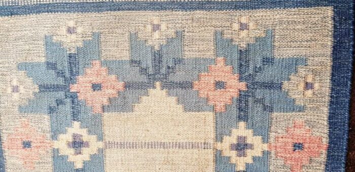 long swedish blue and white roellakan rug by elsa ekholm 1950s 3