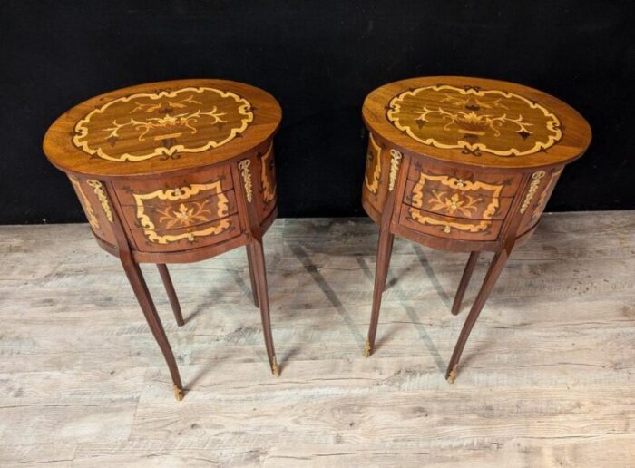 louis xv narrow bedside tables in marquetry set of 2 7189