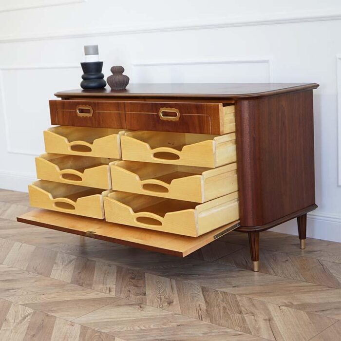 mahogany chest of drawers with brass details 1940s 9859