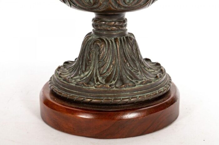 mid 20th century bronze urn turned vase lamp with wood trim and linen shade 1101