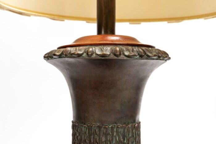 mid 20th century bronze urn turned vase lamp with wood trim and linen shade 7677