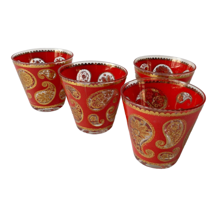 mid 20th century culver red paisley old fashioned cocktail glasses set of 4 0855