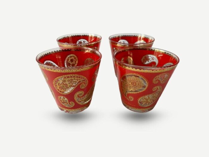 mid 20th century culver red paisley old fashioned cocktail glasses set of 4 9079