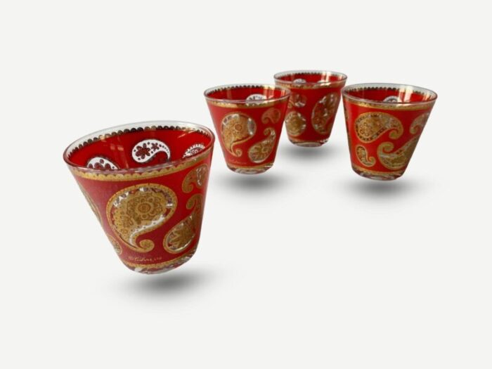 mid 20th century culver red paisley old fashioned cocktail glasses set of 4 9245