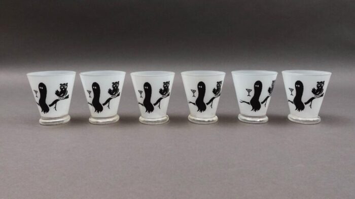 mid 20th century federal glass friendly spirits ghost barware glasses set of 6 0518