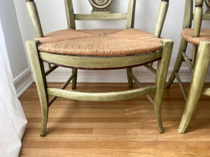 mid 20th century green rush seat french country armchairs a pair 3152