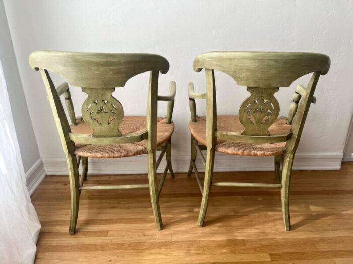 mid 20th century green rush seat french country armchairs a pair 5145