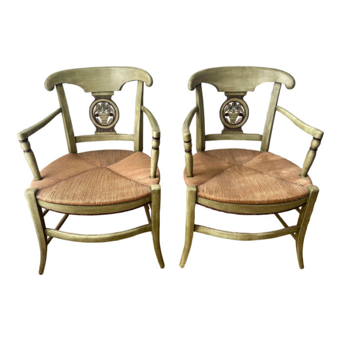 mid 20th century green rush seat french country armchairs a pair 9503